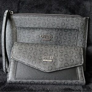 GUESS Black Textured Logo Wallet and Wristlet Set